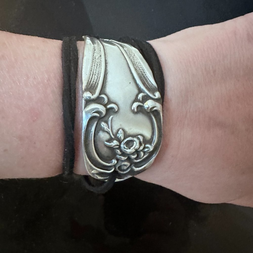 Sterling Silver Leather Cuff Bracelet Tie Wrap Yoga Antique 925 Boho Gift Suede - Picture 2 of 10